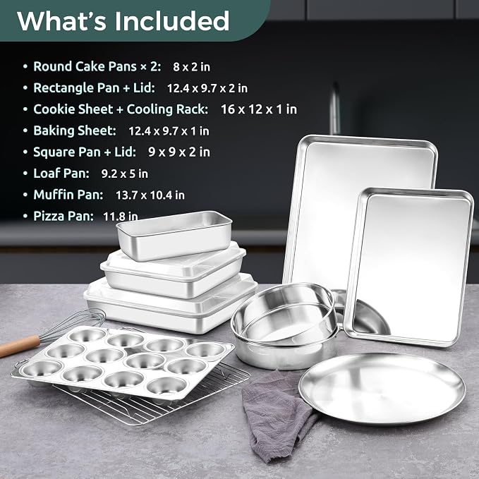 E-far 12-Piece Bakeware Sets, Stainless Steel Baking Pan Set Includes Cookie Sheet, Round Square Rectangle Cake Pans with Lids, Multi-Functional for Loaf Muffin Pizza, Non-toxic & Dishwasher Safe - Image 2