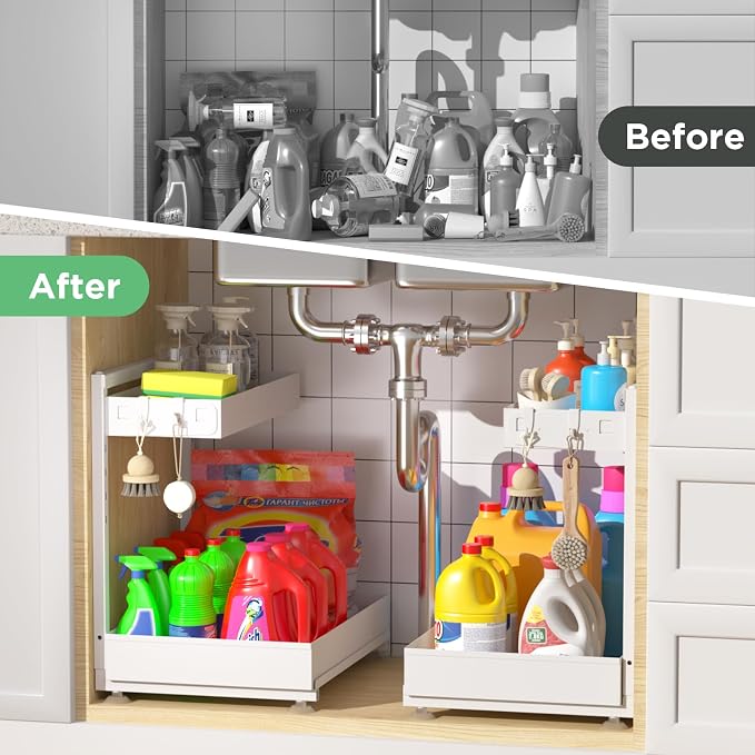 Under Sink Organizer Bathroom Kitchen: 2 Pack 2 Tier Metal Under Cabinet Storage with Height-adjustable Shelf and Pull out Rack for Pantry Vanity Cupboard Counter Countertop, White - Image 3