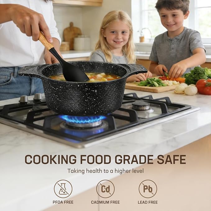 16PCS Cookware Set - Home Nonstick Stock Pot with Glass Lid, Pots and Pans Set, Cooking Pots Set, Cast Aluminum, Stay Cool Handles Dishwasher Safe, PTFE/PFOA Free, Speckled Black（Fish Scale Shaped) - Image 4