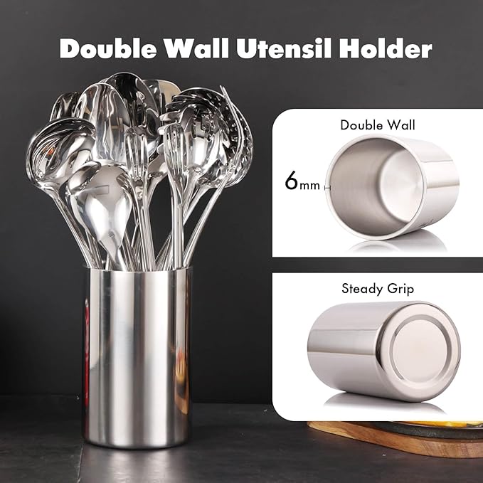 18/10 Stainless Steel Kitchen Utensils Set with Holder for Countertop | 15″ Spatula Spoon Set with Storage Organizer, 12-Pieces, Fork, Tongs, Spatula, Ladle, Skimmer, Turner, Spaghetti, Large Spoon - Image 5
