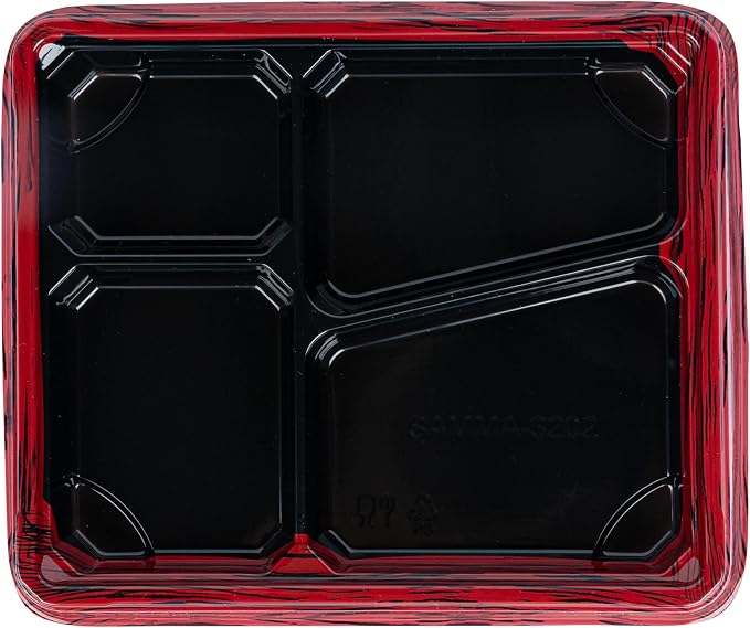Restaurantware-Bento Tek 18.6 Ounce Meal Prep Containers, 100 Disposable To Go Food Boxes - Lids Sold Separately, 4 Compartments, Red And Black Plastic Bento Lunch Boxes, Freezable, For Take Out - Image 9