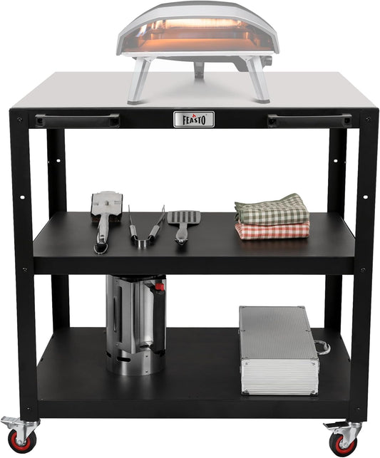 36''x 24'' Large Movable Pizza Oven Table for Outdoor, 304 Stainless Steel Grill Cart with Wheels, 3-Shelf Outdoor Kitchen Prep Table Pizza Oven Stand on Wheels for Ooni 16, Blackstone Griddle
