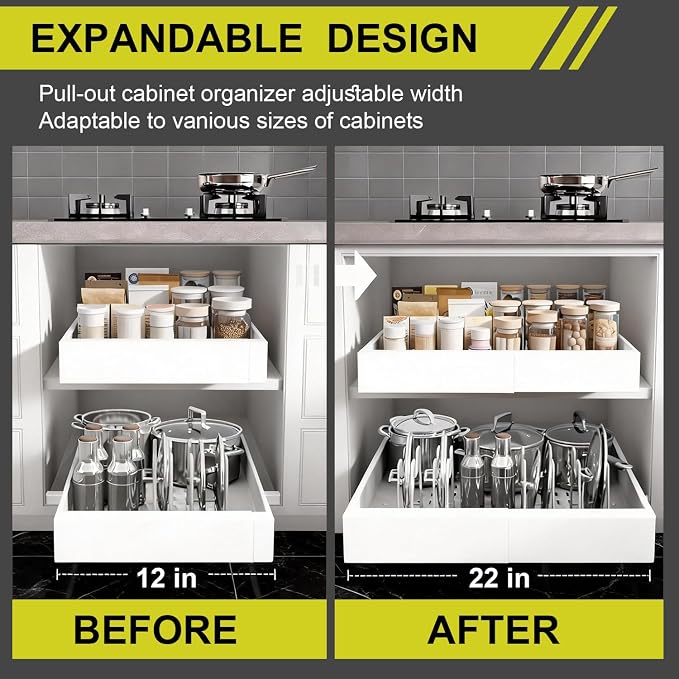 21" Deep Pull Out Cabinet Organizer, 12-22 Inch Expandable Drawer, 2 Pack - Image 3