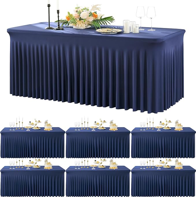 6 Pack Spandex Navy Blue Tablecloths for 6 Foot Rectangle Tables, Wrinkle Free Fitted Table Cloth 6ft Stretchy Table Skirt Cover for Parties Weddings Birthday Banquet Baby Shower by Htper