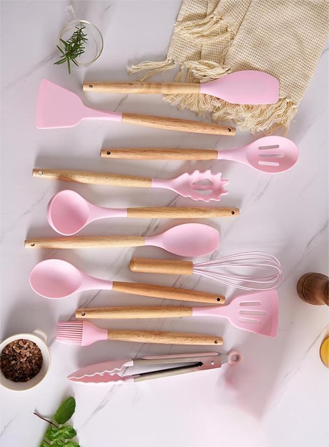 19 Pcs Kitchen Cooking Utensils and Knife Set with Block, Include 11 Pcs Silicone Cooking Utensils Set 5 Pieces Sharp Stainless Steel Chef Knives Scissors Whisk Tongs and Cutting Board (Pink) - Image 5