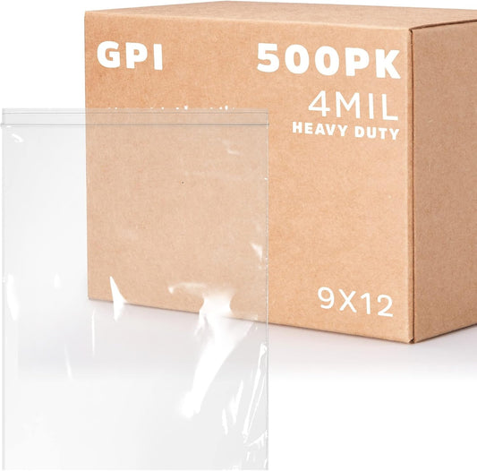 GPI - 9" X 12" - Bulk Pack of 500, 4 Mil Thick, Heavy Duty, Clear Plastic Reclosable Freezer Zip Bags, Strong & Durable Poly Baggies with Resealable Zipper Top Lock.