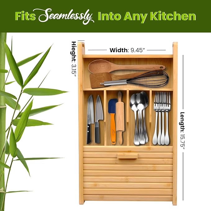 KozyKoala & Co. Bamboo Drawer Organizer with Sliding Lid - 5 Slot Kitchen Drawer Organizer & Utensil Holder - Wood Bamboo Cutlery Tray for Flatware & Multipurpose Storage for Home & Office - Image 2