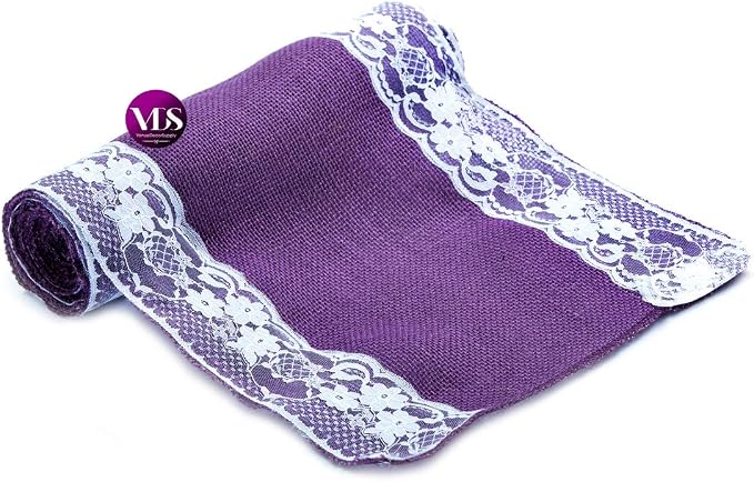 VDS Pack of 10, Burlap Table Runner with White Lace Edge, 100% Natural Jute Rustic Hessian Table Cloth Centerpiece for Wedding Birthday Party Banquet Table Decoration (Size 12X108 Inch)(Lavender) - Image 3