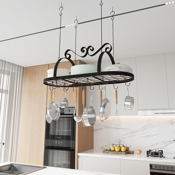 Metal Hanging Pot Rack Ceiling Mount, Vintage Oval Pot and Pan Storage Rack | 33" Metal Ceiling Pan Hanging Rack with 15 Hooks, Decorative Vintage Brown Pot Hangers for Kitchen Organize Utensils Cookware - Image 7