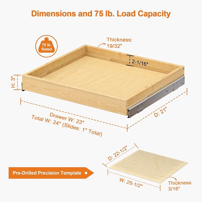 ALINE FURNITURE Pull Out Drawers for Cabinets Birch Wood, 24" W X 21" D Soft Close Slide Out Drawer for Kitchen Cabinets, Pull-out Shelves, Sliding Shelf for Pantry Cabinet Organizer - Image 3