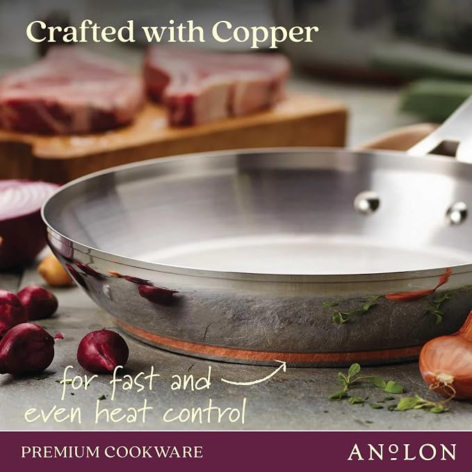 Anolon Nouvelle Stainless Stainless Steel Frying Pan / Fry Pan / Stainless Steel Skillet with Lid - 12 Inch, Silver - Image 3