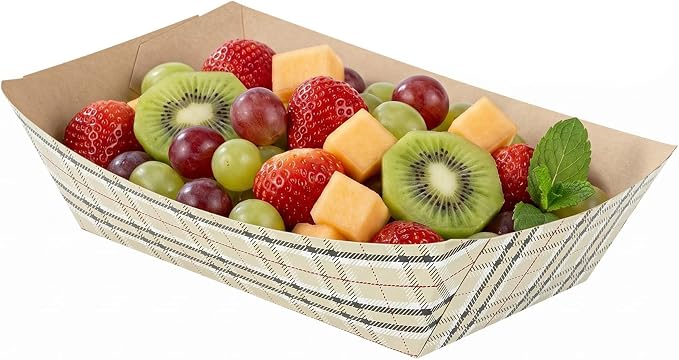 Restaurantware-Bio Tek 2 Pound Food Trays, 50 Disposable Paper Food Trays - Heavy-Duty, Greaseproof, Plaid Paper Boats, For Snacks, Appetizers, Or Treats, Use At Parties Or Carnivals - Image 6