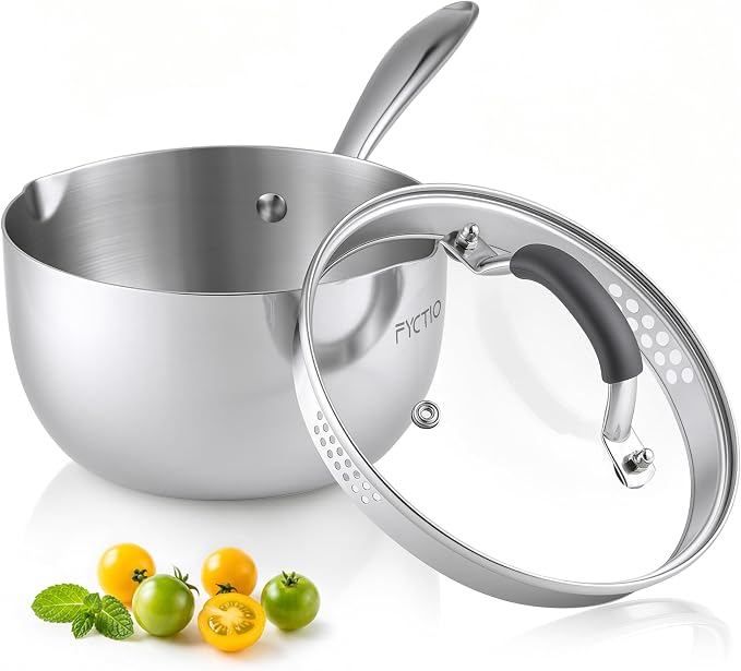 Tri-Ply Stainless Steel Sauce Pan, 2.5 Qt Saucepan with Strainer Lid by FyctioHome