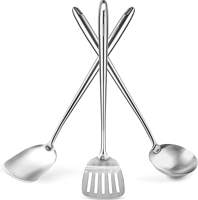 YOSUKATA 17" Stainless Steel Wok Spatula Ladle and Turner Set of 3 | High-Grade 304 Stainless Steel Kitchen Utensils Set - Dishwasher Safe Accessories - Wok Utensils - Cooking Tools by YOSUKATA