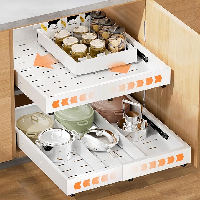 Pull out Cabinet Organizer Expandable W(12"-20") and D(16"-22"), No Drill Adjustable Slide Out Drawers With 3 Slide Rails, 2Pcs Magnetic Panel, Adhesive Roll out Shelves for Kitchen, Cabinets, Pantry by YJHome