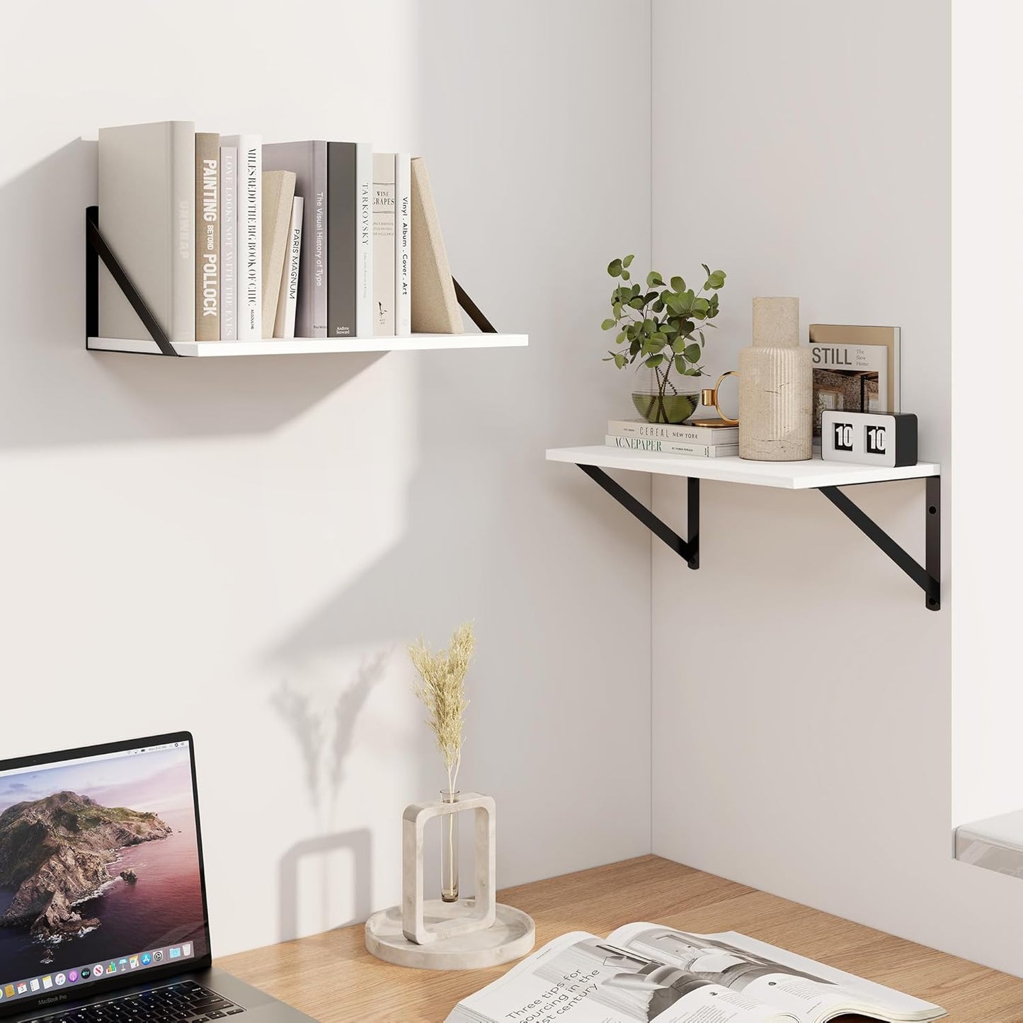 Heimlove White Deep Floating Shelves for Wall, 16W x 8D Wood Wall Shelves Set of 2, Wide Floating Bookshelf for Living Room, Kitchen, Office, Bedroom and Decor Storage, with Black Bracket - White