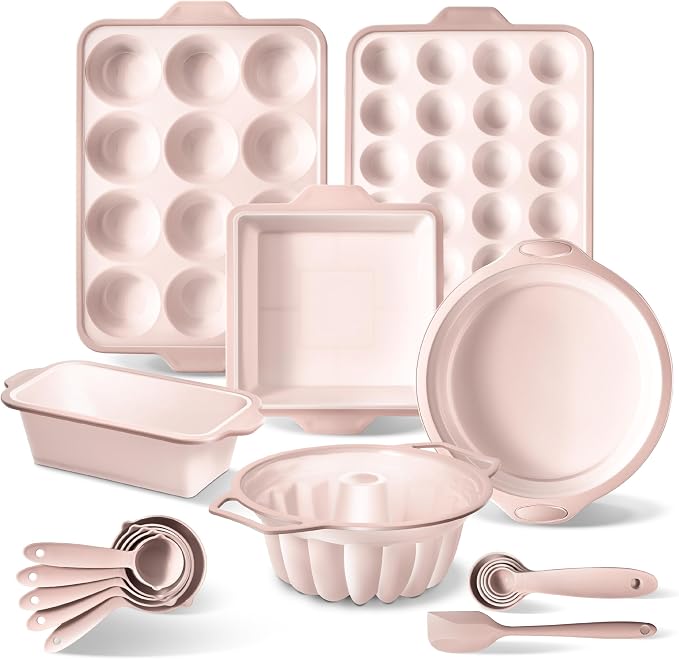 COOK WITH COLOR 17 Pc. Silicone Baking Pan Set - Non-Stick & Easy Clean Silicone Muffin Pans for Baking with Sturdy Metal Frame for Stability, Flexible Cake Molds, Includes Measuring Cups and Spoons by CookwithColor