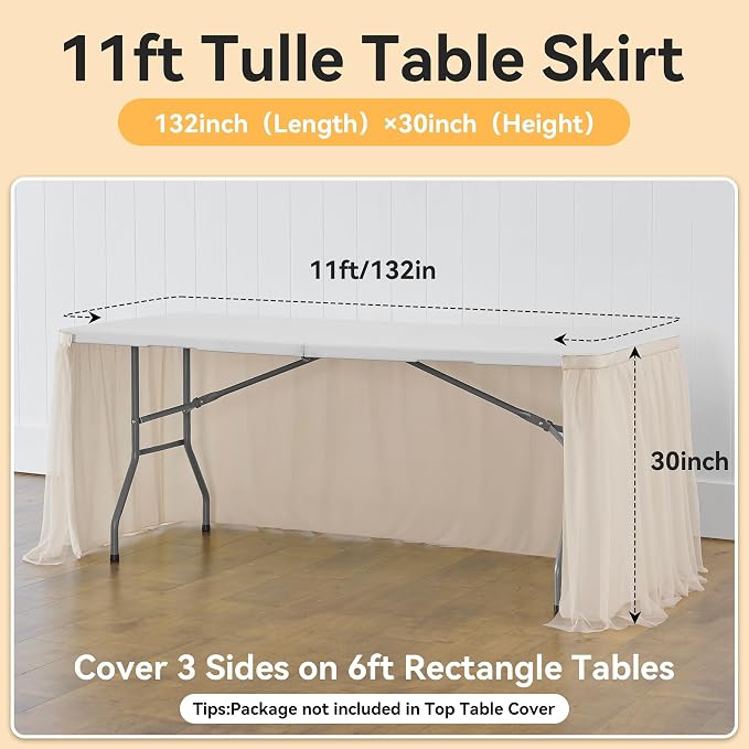 132in Champagne Gold Tulle Table Skirts for Rectangle Tables 8ft 6ft 4ft, 2-Layer Beige Ruffle Tulle Tutu Cloth Table Skirt 11ft for Wedding Party Birthday Baby Shower Cake Dessert(No Table Cover) - Image 5
