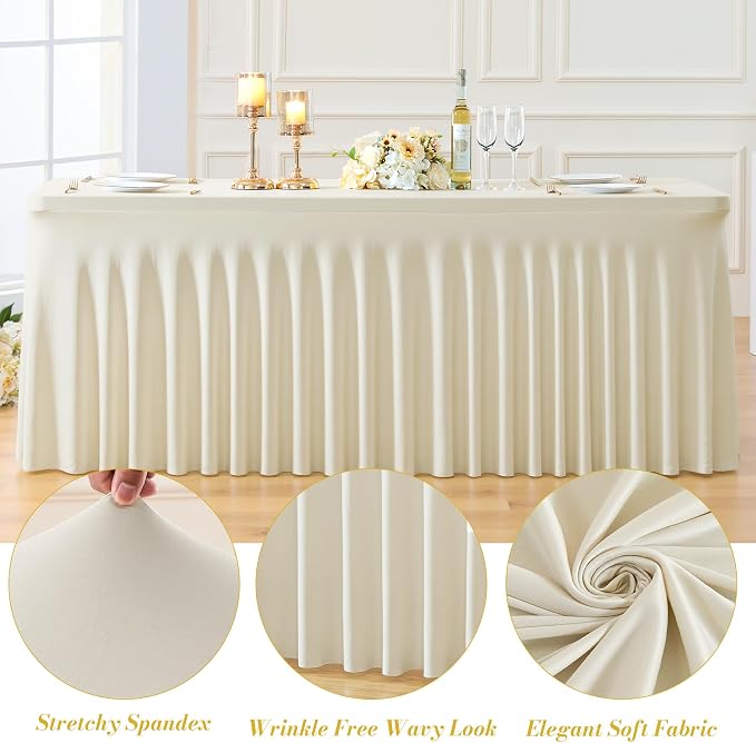 2 Pack Spandex Beige Fitted Table Cloth for 8ft Rectangle Tables Beige Stretch Tablecloth Table Covers Skirt Banquet Wrinkle Free Tablecloths for Parties Wedding - Image 6