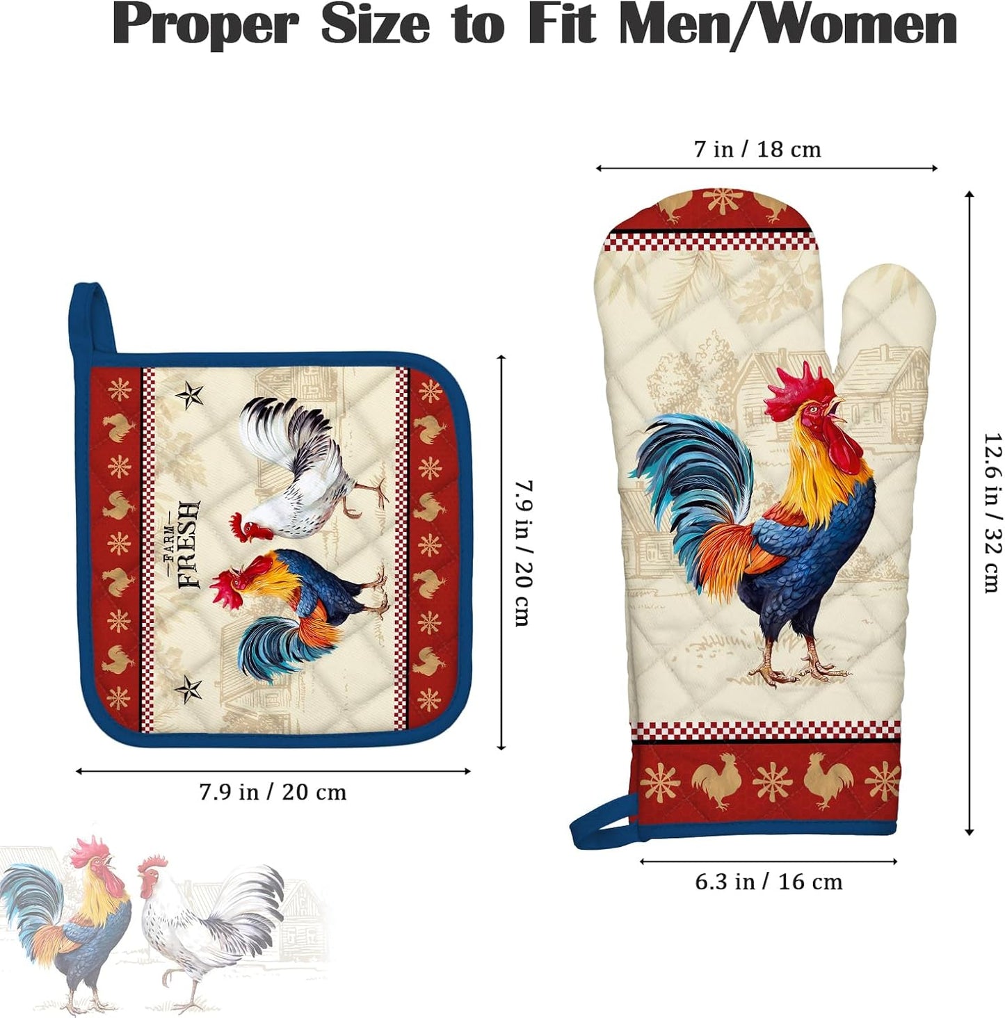 Rooster Oven Mitts and Pot Holders Sets 4Pcs, 100% Cotton Heat Resistant, Extra Long Oven Gloves Potholder for Kitchen Cooking Baking Housewarming