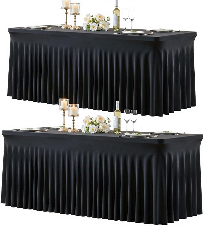 2 Pack Black Table Cloth for 8 Foot Rectangle Tables Spandex Fitted Tablecloth 8ft Stretch Table Covers Skirt Black Banquet Tablecloths Wrinkle Free Tablecloth for Party Wedding Birthday Event by Tao-GePartyDecorations
