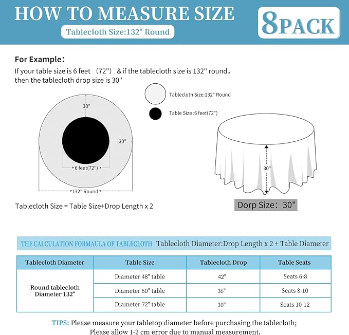 8 Pack Black Round Tablecloths, Diameter of 132 inch - Image 3