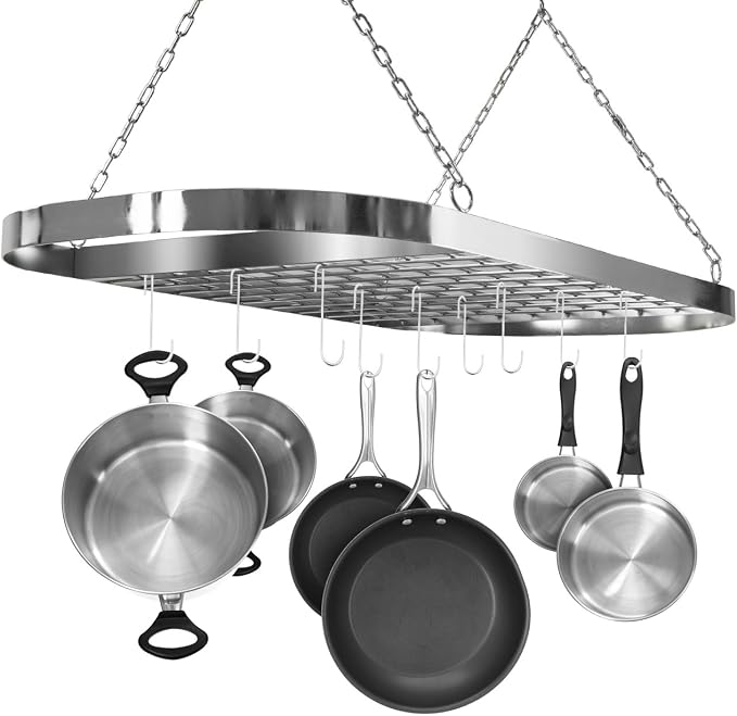 Sorbus Hanging Pot Rack, Ceiling-Mount Kitchen Organizer (Chrome) | Decorative oval fixture with hooks arranges cookware, utensils and books for practical overhead use in homes or restaurants. by Sorbus
