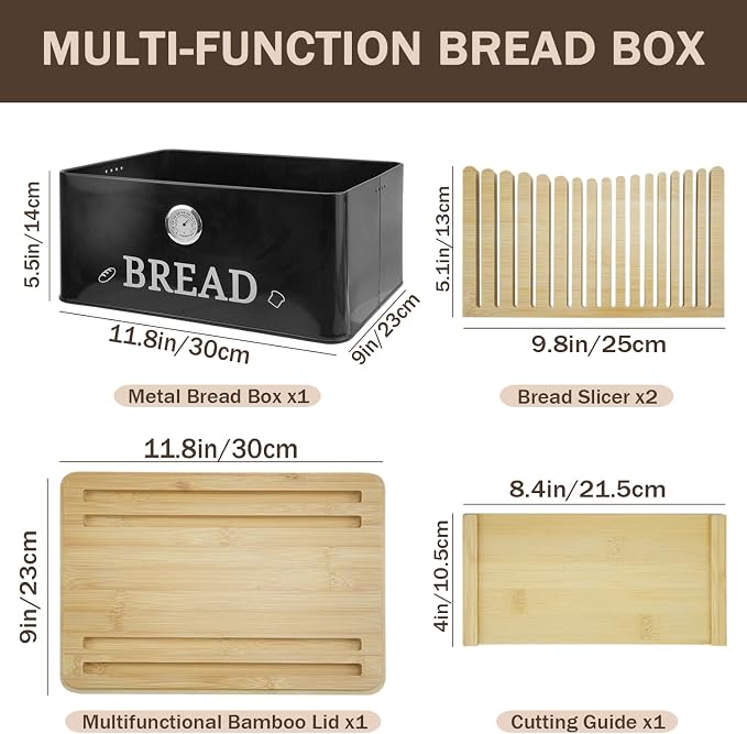 Black Bread Box for Kitchen Countertop, Bamboo Lid with Hygrometer - Image 2