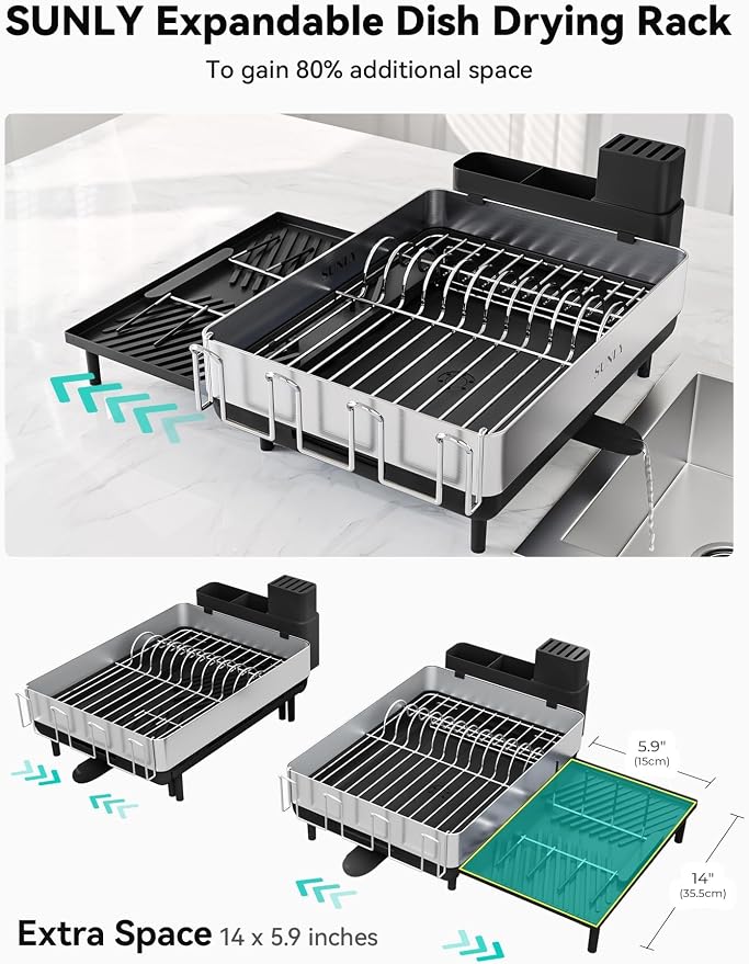 SUNLY Large Dish Drying Rack, Expandable Dish Racks for Kitchen Counter, Space Saving 304 Stainless Steel Drying Rack Kitchen, Extra Large Drainer with Multifunctional Flip Up Pegs, Black - Image 3
