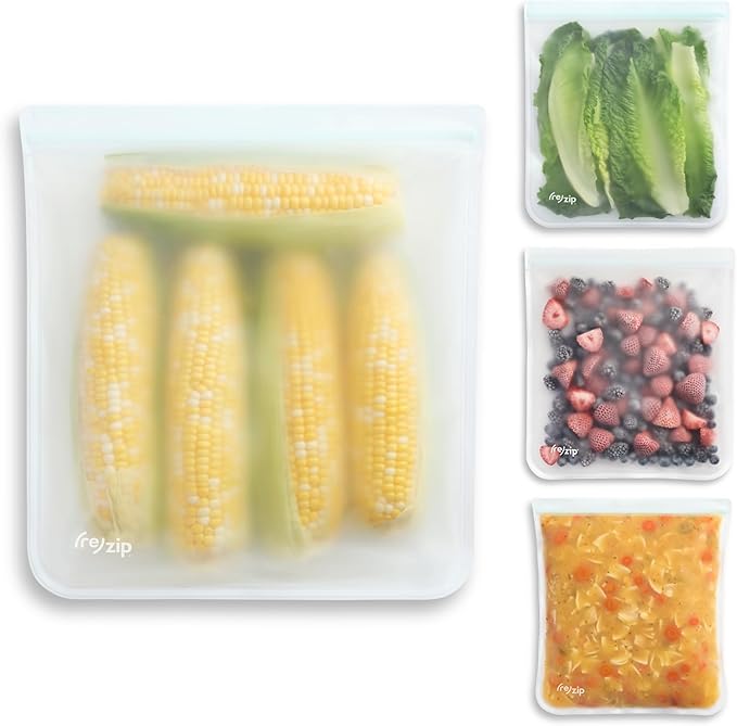 (re)zip Reusable Gallon Freezer Food Storage Bags, Leakproof, 4-Pack, Clear | Food-grade, BPA-free, freezer-safe, airtight. Holds 128 oz for food storage, meal prep, marinates & on-the-go use. by rezip