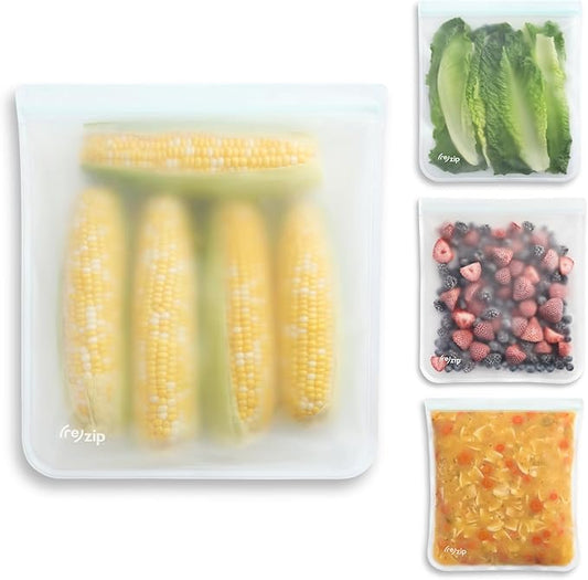 (re)zip Reusable Gallon Freezer Food Storage Bags, Leakproof, 4-Pack, Clear | Food-grade, BPA-free, freezer-safe, airtight. Holds 128 oz for food storage, meal prep, marinates & on-the-go use. by rezip