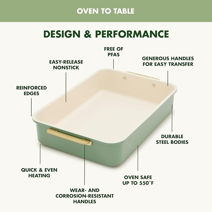 GreenPan Bakeware 13” x 9” Rectangular Cake Pan, Ceramic Nonstick Baking Pan, PFAS & BPA Free, Gold Handles, Durable Steel, Freezer to Oven Dish, Scratch Resistant, Bake & Roast Ovenware, Sage Green - Image 4
