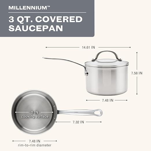 Farberware Millennium Stainless Steel Saucepan with Lid, Induction Ready, Compatible with All Cooktops, Metal Utensil Safe, 3 Quart Saucepot, Dishwasher Safe - Stainless Steel - Image 2
