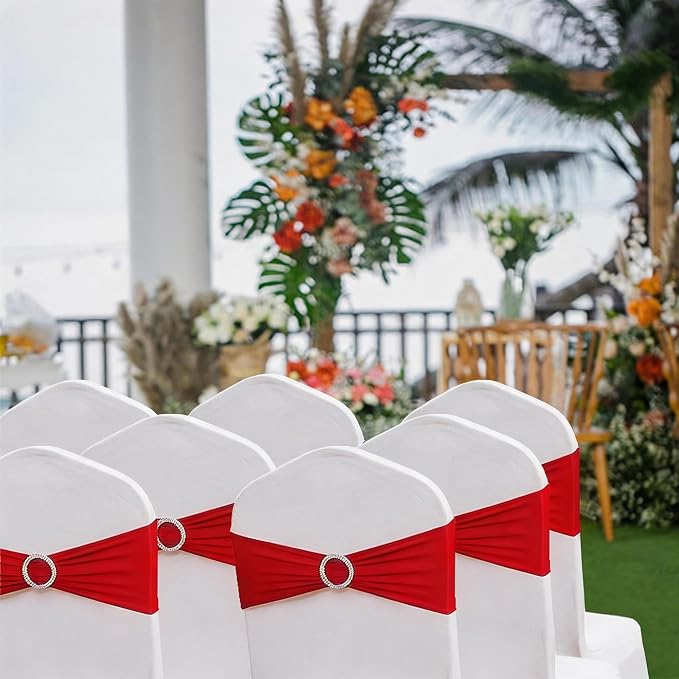 Wedding Red Chair Sashes 100 Pack Spandex Chair Bows Bands with Buckles for Party Birthday Bridal Shower Engagement Banquets Anniversary Christmas Outdoor Events Decorations (Red) - Image 5