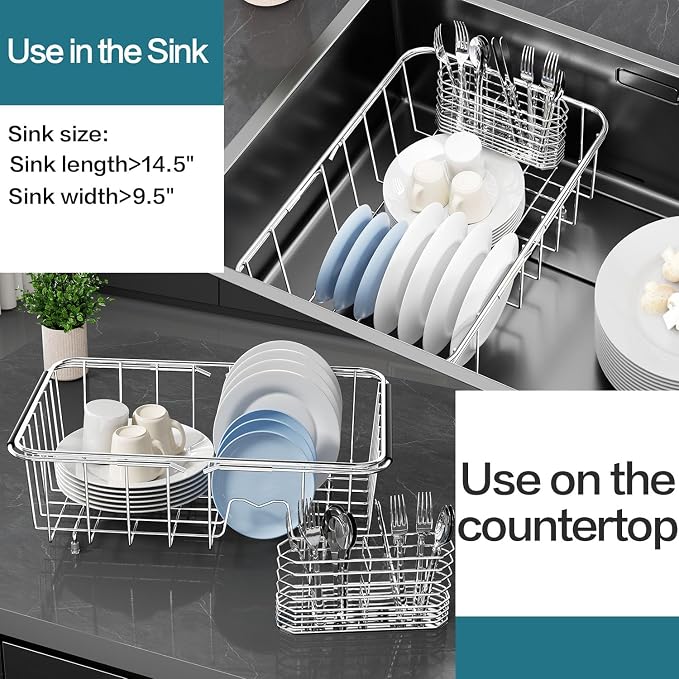 Small Dish Drainer Rack in Sink Adjustable, Expandable 304 Stainless Steel Metal Dish Drying Rack Organizer with Stainless Steel Utensil Holder Over Inside Sink Counter, Rustproof(For 1-2 People) - Image 5