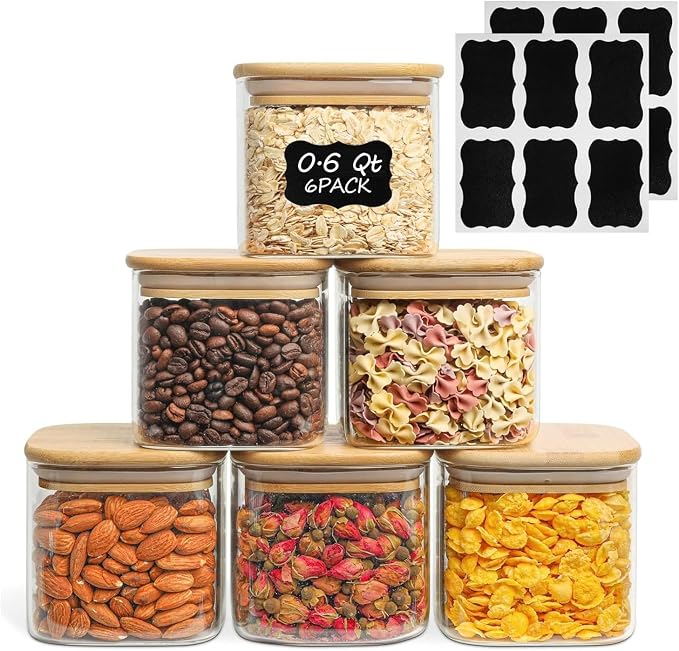 ComSaf Square Glass Containers with Lids 0.6 Qt, Set of 6 Small Glass Jars | Small Glass Canisters, Spice Jar, Pantry Organization, Snack, Cookie, Coffee Bar Organization, Size For Subpackage, BPA Free by ComSaf