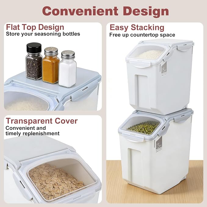 2 Pack Food Storage Container Bin 25Lb, 2 × 15L Airtight Rice Storage Containers with 2 Measuring Cups,Food Containers with Wheels Seal Locking Lid,For Flour | Rice | Sugar | Grain | Dog Cat Pet Food - Image 6