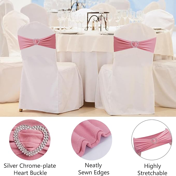Dusty Pink Chair Sashes 50 Pack Spandex Pink Sashes for Chairs Covers Universal Stretch Chair Sashes Band with Heart Buckle Slider for Wedding Banquet Party Decorations - Image 4