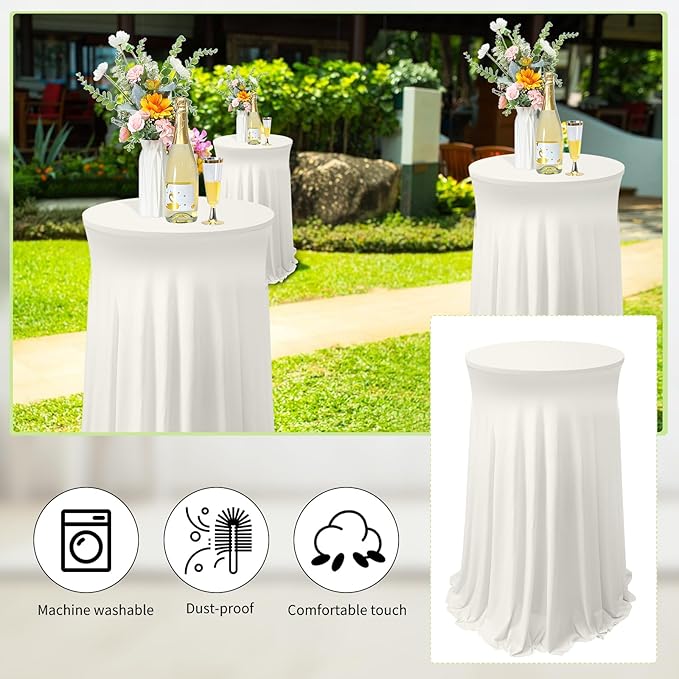 Tegeme 4 Packs 32 x 43 Inch Round Spandex Cocktail Tablecloths with Skirt Cocktail Round Table Cover Spandex Stretch Square Tablecloth Skirt for Table Bar Wedding Party Banquet(Ivory) - Image 4