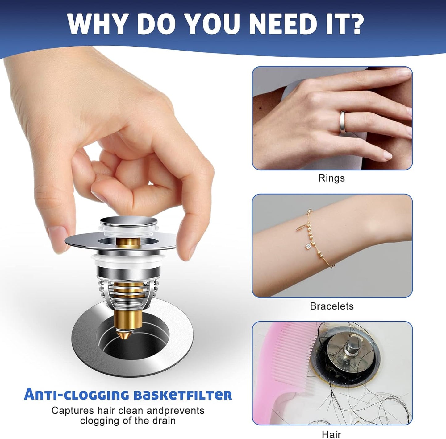 AURUZA 2 Pack Universal Bathroom Sink Stopper, Strainer for 1.1-1.5 Inch Bullet Core Push Type Basin Pop Up Drain Filter,Bathtub Converter with Anti Clogging Basket Hair Catcher