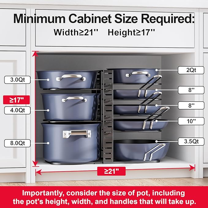 ORDORA Pots and Pans Organizer Under Cabinet 14.6", 8-Tier Adjustable Rack - Image 3