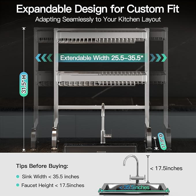 MAJALiS 3 Tier Extra Large Stainless Steel Over The Sink Dish Drying Rack - Image 2