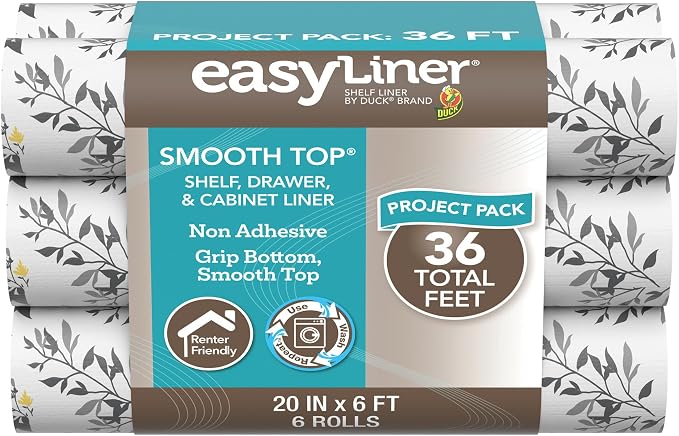 Smooth Top EasyLiner for Cabinets & Drawers, Easy to Install, Shelf Paper & Drawer Liner Non Adhesive, Non Slip Shelf Liner for Pantry, Kitchen Essentials, 20in x 6ft (6 Pack), 36 ft, Dark Gray Branch by DuckBrand