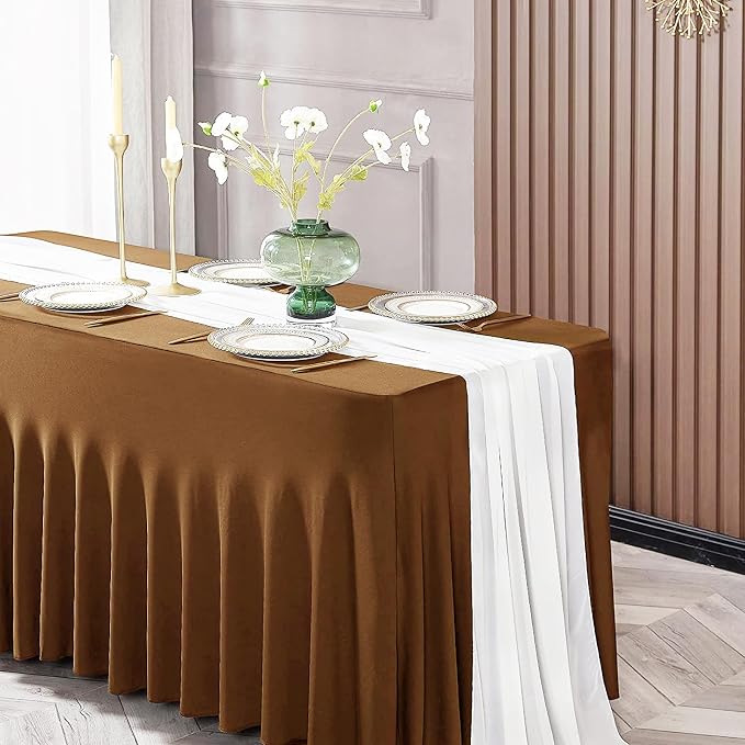 ManMengJi Table Cover and Skirts One-Piece for Folding Tables, 6FT Spandex Fitted Tablecloth with Ruffles Skirt for Weddings, Banquets, Parties, Vendors (Brown 1Pack) - Image 6