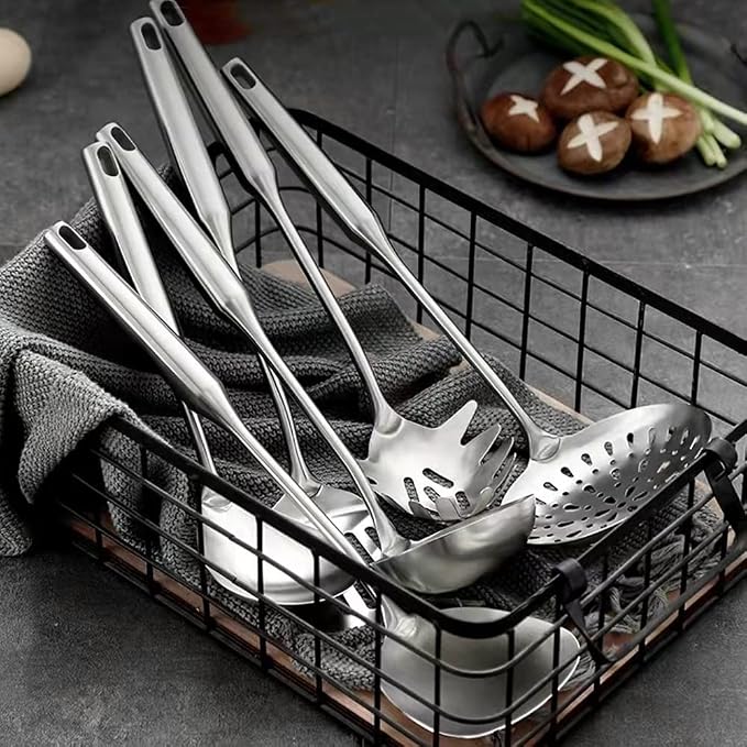 304 18/10 Stainless Steel Kitchen Utensils Set 11 Pcs Long Metal Cooking Utensil, Spatula, Soup spoon, Leaking shovel, Ladle, Tunner, Pasta Server, Meat Fork, Tongs Kitchen Tools Set, Dishwasher Safe - Image 8