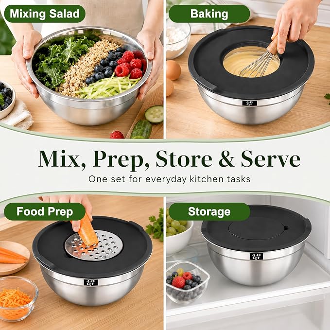 8PCS Mixing Bowls with Lids Set - 5 Nesting Mixing Bowls, 3 Grater Attachments, Lids, Stainless Steel Mixing Bowls for Mixing & Serving, Size 1.5/2.1/3.5/4/4.5 QT, Black - Image 5