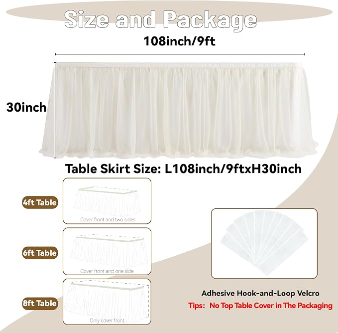 108in Ivory Tulle Table Skirts for Rectangle Tables 6/8/4ft, 2 Layer Gold Grim Ruffle Cream Tulle Tutu Table Skirt 9ft Decor Wedding Birthday Party Baby Shower Cake Dessert Tables(No Table Cover) - Image 4