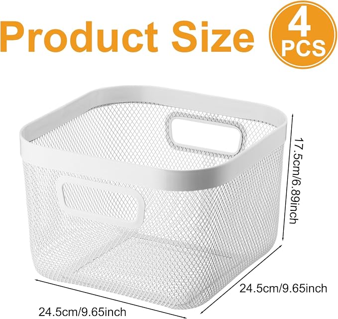 MorningRo 4 Pack Metal Mesh Basket with Hollow Handles White Wire Storage Bin for Organizing Stackable Metal Fine Mesh Basket for Pantry Bathroom Kitchen Cabinets Shelves (Medium) - Image 2