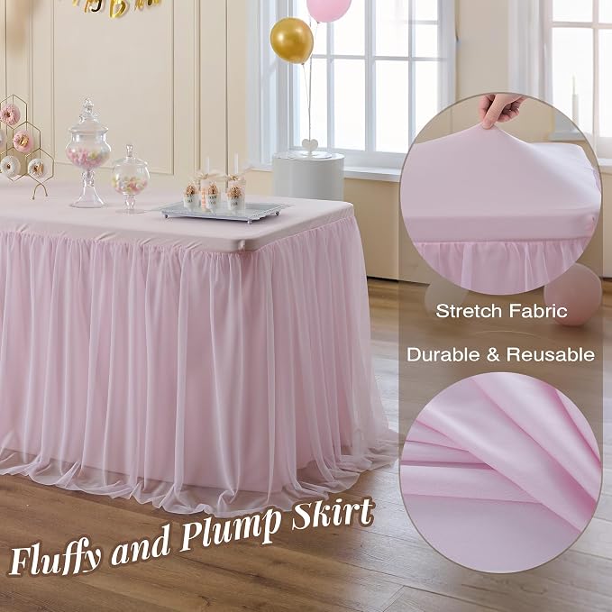 CO-AVE 6pack Pink Tulle Tablecloth for 6ft Rectangular Tables, 2-in-1 Elastic Stretch Spandex Cover with Tutu Ruffle Skirt, Wrinkle Free for Wedding, Birthday, Banquet, Buffet, Bridal Shower - Image 4
