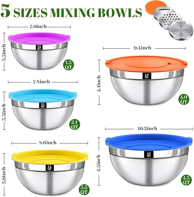 8PCS Mixing Bowls with Lids Set - 5 Nesting Mixing Bowls, 3 Grater Attachments, Lids, Stainless Steel Mixing Bowls for Mixing & Serving, Size 1.5/2.1/3.5/4/4.5 QT, Colorful - Image 2